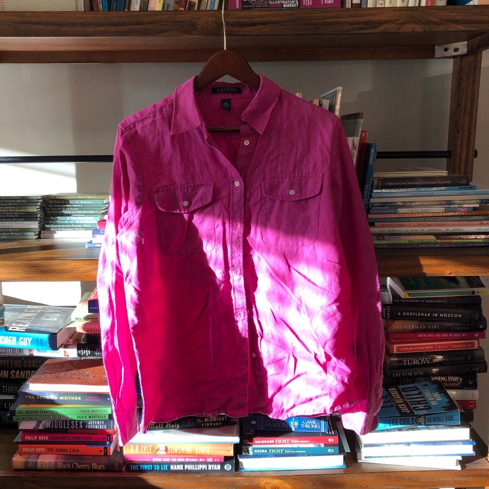 Ralph Lauren Pink Linen Button Down Blouse L EUC